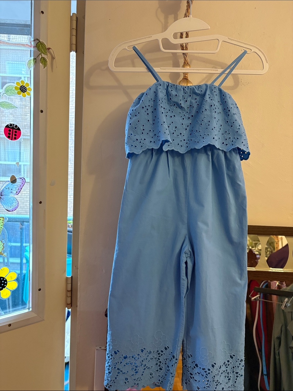 Zara Light Blue Eyelet Tiered Romper with Spaghetti Straps. Cotton